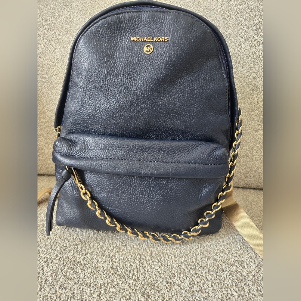 Michael Kors Navy Pebbled Leather Backpack with Gold Chain Trim